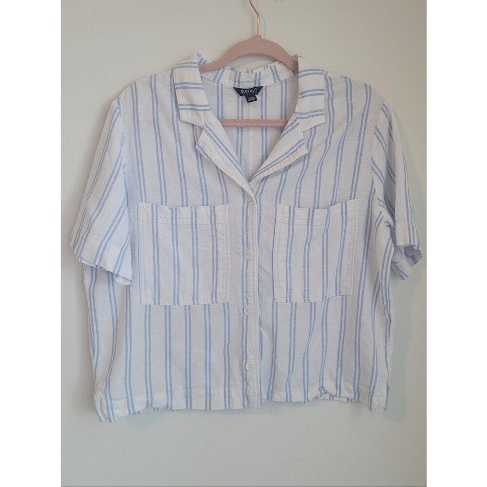 Buffalo David Bitton Linen Blend Striped Button Down Crop Shirt Size L Coastal